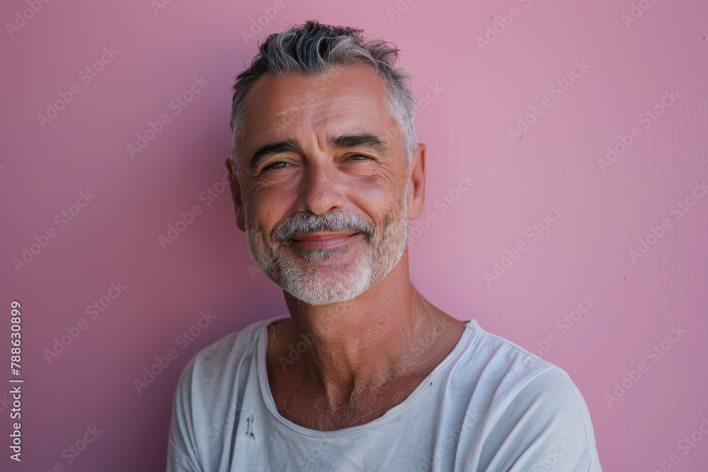 A man with gray hair and a beard is smiling in front of a pink wall A man with gray hair and a beard is smiling in front of a pink wall