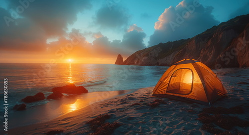 Sunset Camping on a Secluded Beach With Orange Tent