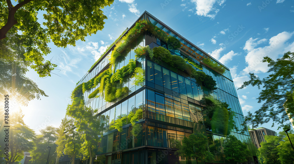 Modern Green Building Facade with Vertical Garden Under Blue Sky. Generative AI	