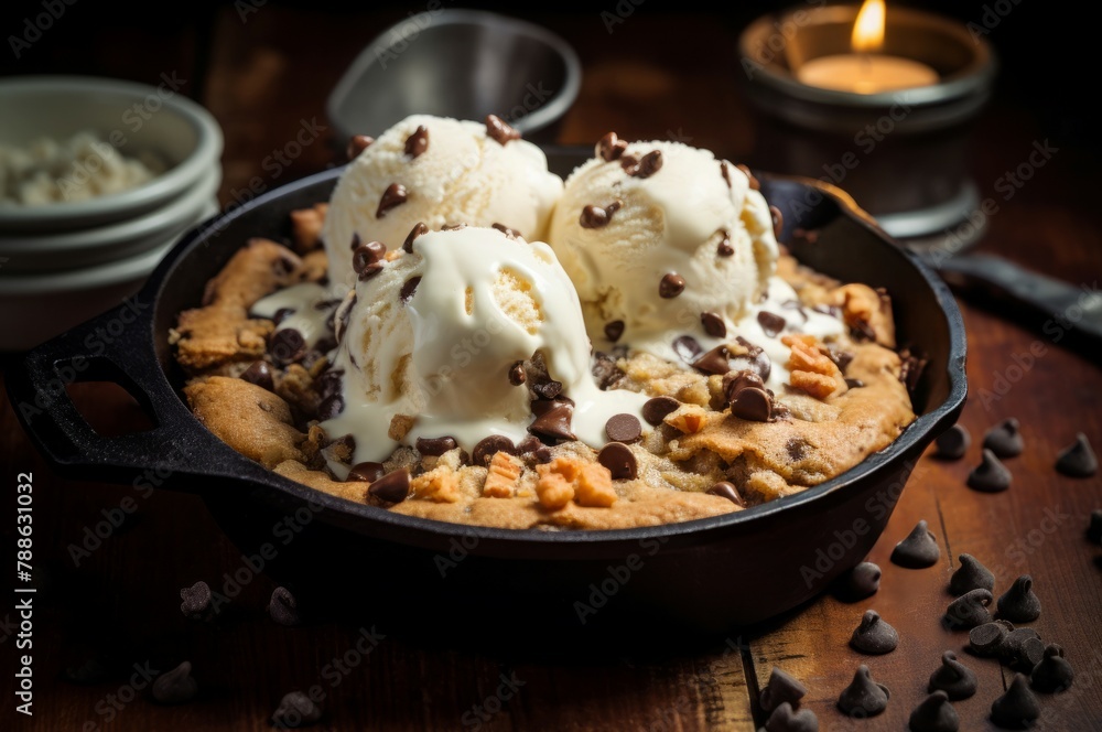 Rich Skillet cookie ice cream pot. Tasty food. Generate Ai Rich Skillet cookie ice cream pot. Tasty food. Generate Ai