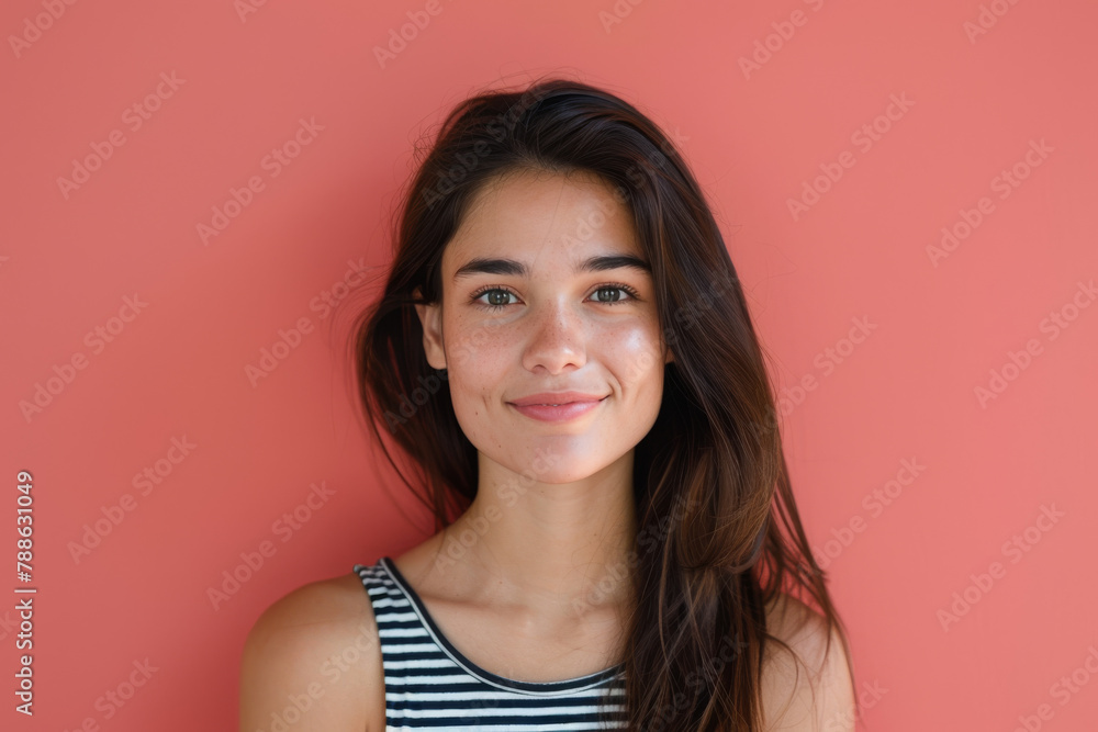 A woman in a striped tank top smiles for the camera A woman in a striped tank top smiles for the camera