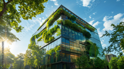 Modern Green Building Facade with Vertical Garden Under Blue Sky. Generative AI 