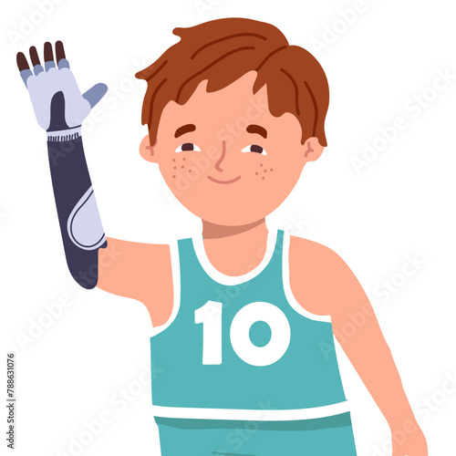 Cute boy kid with artificial limb waving hi,  happy friendly child character greeting with robot arm gesture, bionic hand prosthesis. Flat vector illustration isolated on a white background