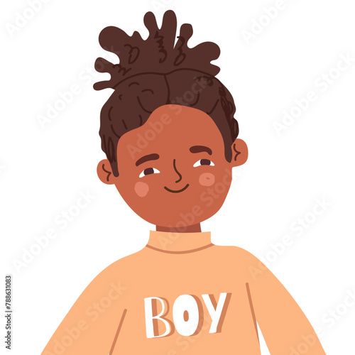 Happy happy African American boy portrait , with a cheerful friendly expression on his face. Happy  cheerful black child. Flat vector illustration on white background.