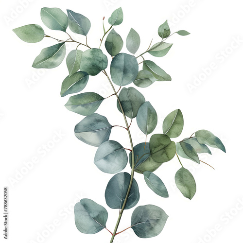 Charming illustration of a eucalyptus branch in vintage watercolor style, perfect for creating rustic invitations, wall art, and botanical-themed decor.