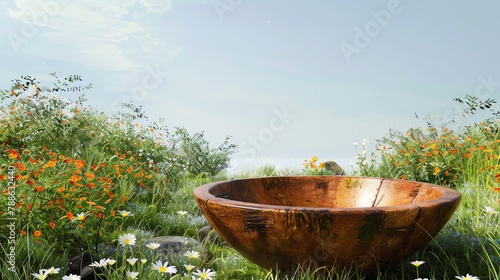 3D model of a carved wooden bowl, placed on a grassy field under a clear sky, surrounded by wildflowers and tall green grass swaying in the breeze