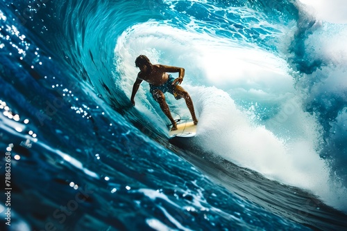 Surfer Riding a majestic Blue Wave in Ocean. Action-Packed Water Sport. Captured with High Texture. Dynamic, Vivid and Exciting. Generative AI © Olsek