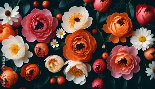  A variety of colorful flowers including orange, red, and white blooms with green leaves