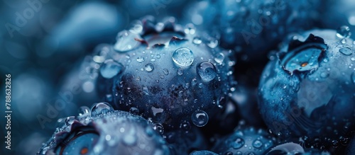 Water droplets on a ripe and sweet blueberry. Fresh blueberries as the backdrop with space for text. Emphasizing a vegan and vegetarian theme.