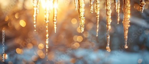 Icicle Symphony in Sunset Light. Concept Winter Surprise, Dazzling Frostworks, Sunset Magic photo