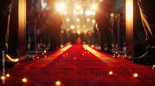 A glamorous awards ceremony honoring excellence and achievement, with a red carpet entrance framed by flashing cameras and elegant attendees dressed in their finest attire.  photo