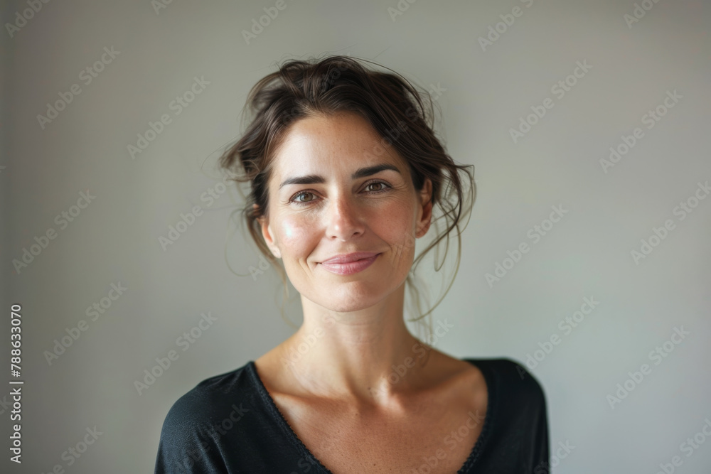A woman in a black shirt smiles for the camera A woman in a black shirt smiles for the camera