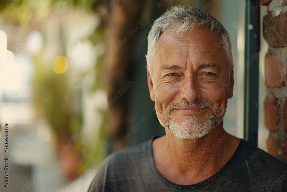 A man with gray hair and a beard smiles for the camera A man with gray hair and a beard smiles for the camera
