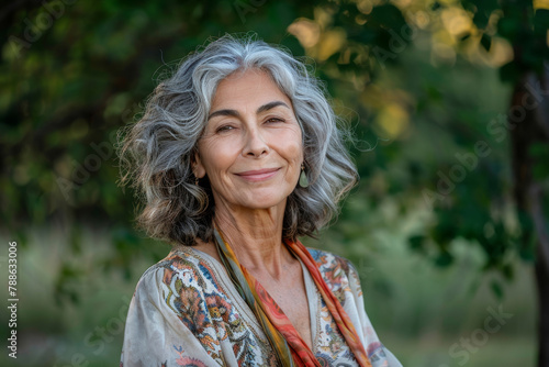 A woman with gray hair and earrings smiles for the camera