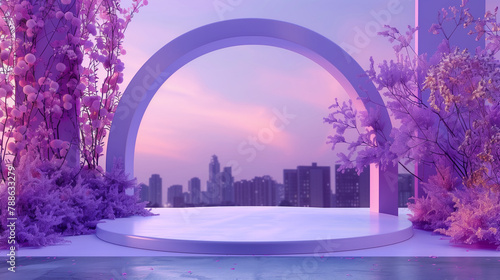 Minimalist podium for product presentation against a sunset lavender field with a circular concrete arch backdrop. Copy space. Generative AI © Катерина Нагірна