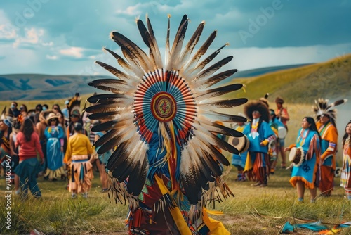 Indians native american ceremony, traditional music, sacred dance, richly decorated costumes. photo