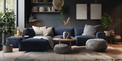 Two knitted poufs are near the dark blue corner sofa. Scandinavian home interior design of a modern living room.  photo