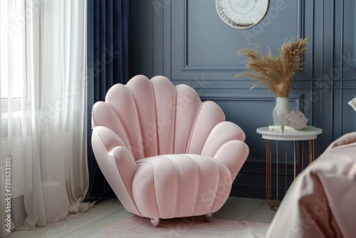 Womens bedroom interior  soft pink stylish armchair in the shape of a shell