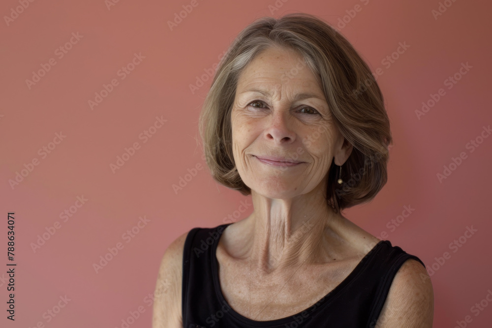 An older woman wearing a black tank top smiles for the camera An older woman wearing a black tank top smiles for the camera