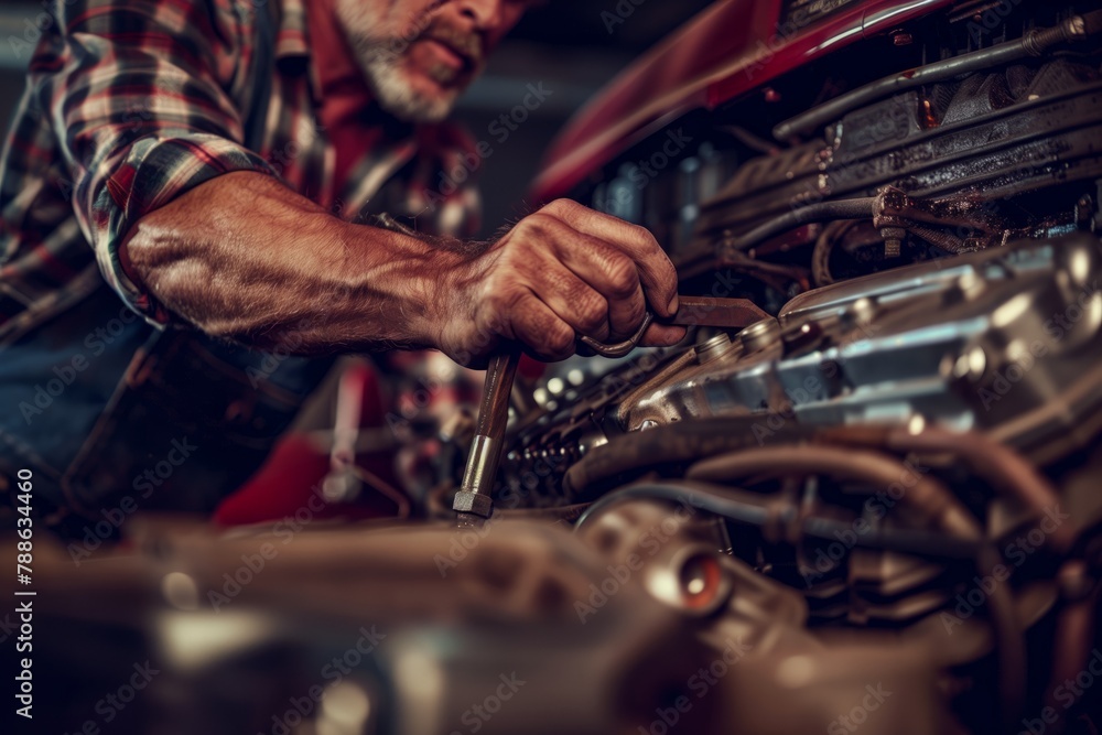 Auto technician fine-tuning an engine with a wrench Auto technician fine-tuning an engine with a wrench