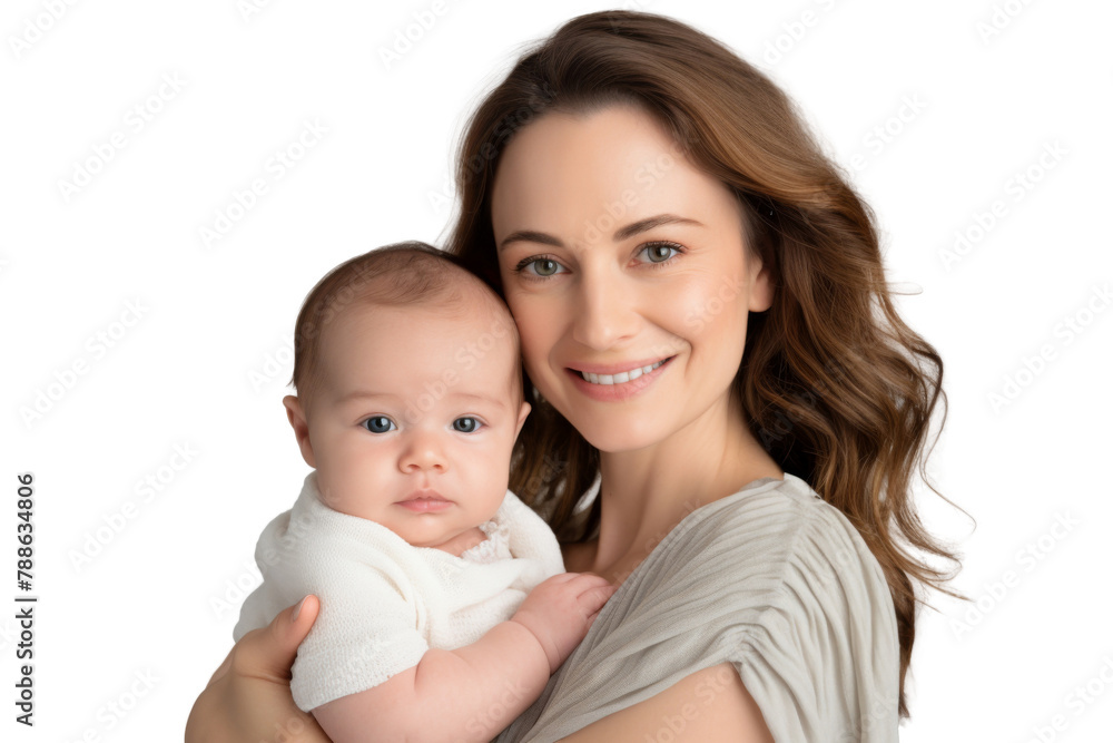 Portrait of mom holding baby with her arms isolated on transparent png background, love moment, newborn sleeping tenderly in arms, cute little infant. Portrait of mom holding baby with her arms isolated on transparent png background, love moment, newborn sleeping tenderly in arms, cute little infant.