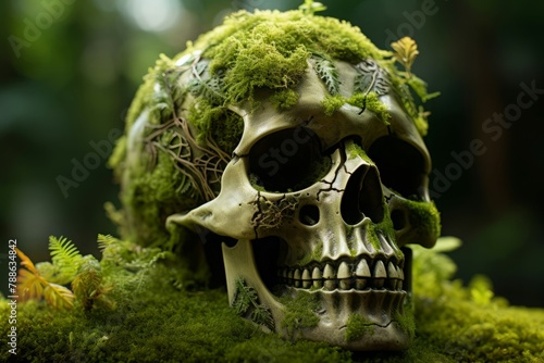 Ethereal Skull moss nature. Park natural. Generate Ai