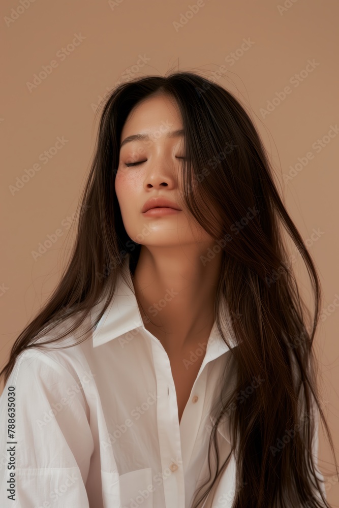 Stunning Asian woman with long brown hair, standing in front of a beige background. Stunning Asian woman with long brown hair, standing in front of a beige background.