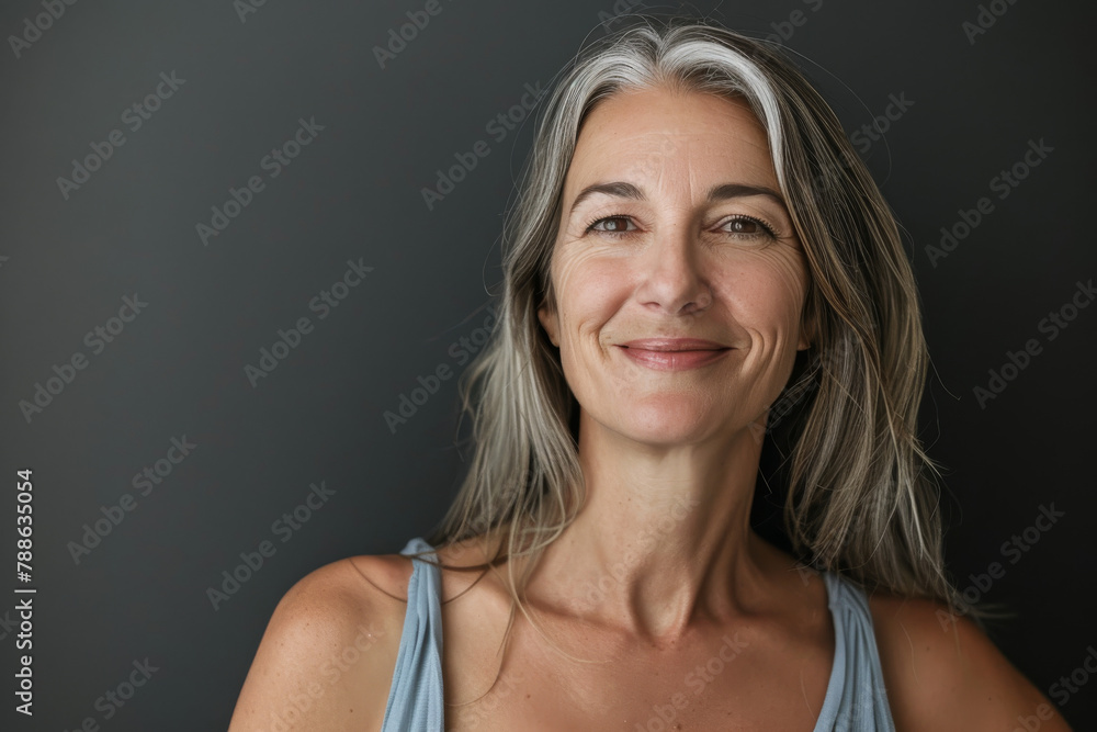 A woman with gray hair is smiling for the camera A woman with gray hair is smiling for the camera