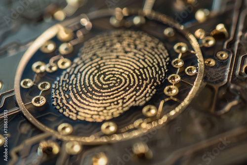 A close up of a gold and black fingerprint on a circuit board