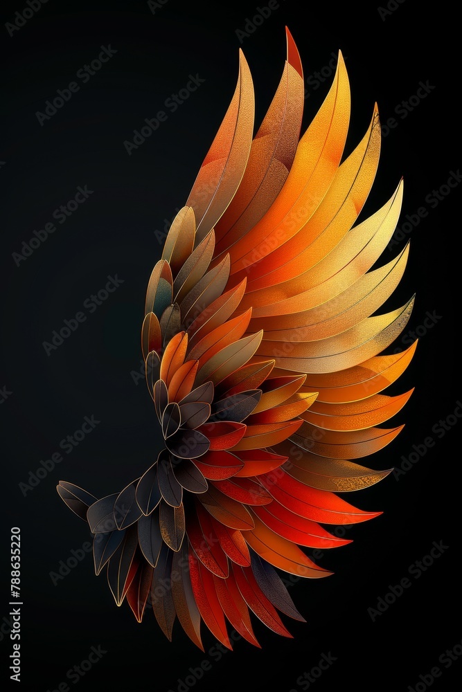 A golden wing on a black background. Illustration