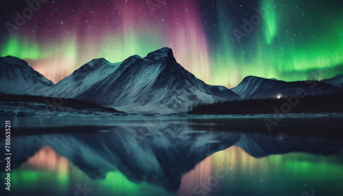 beautiful mountain landscape starry sky and northern lights.