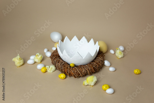 background texture large white shell on a beige background with small eggs and chicks. Easter photo zone for children. empty space for text. plaster shell