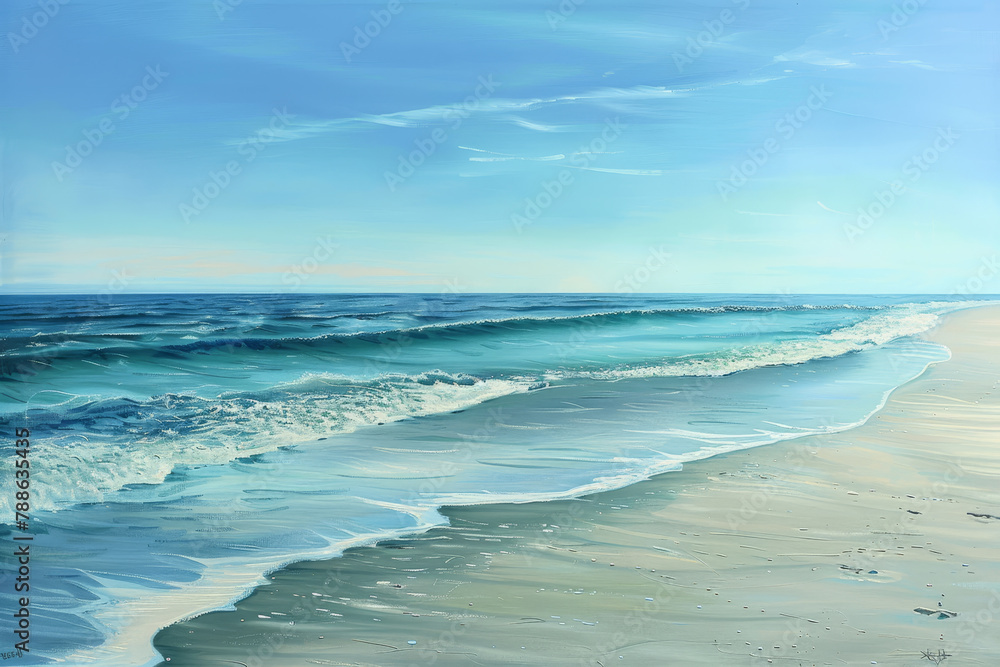 A painting of a beach with the ocean in the background