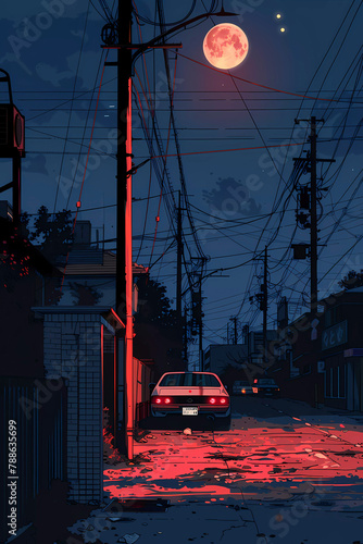 Classic Japanese Sports Car Parked on a Wet Urban Street at Night, Generative AI