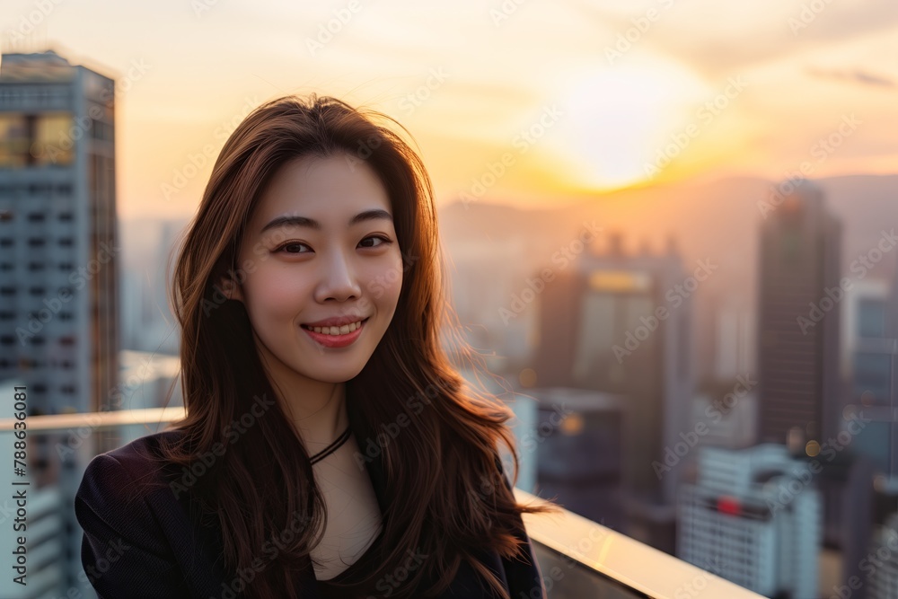 Amidst the bustling cityscape, an Asian woman exudes confidence and happiness, her smile brightening
