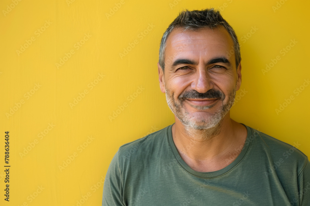 A man with a beard is smiling in front of a yellow wall A man with a beard is smiling in front of a yellow wall