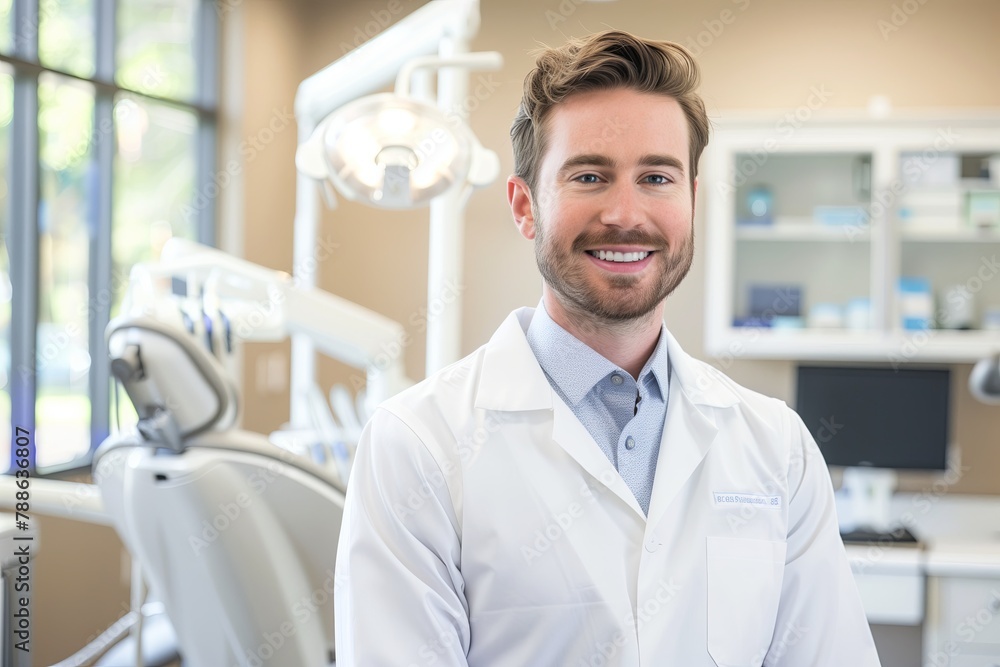 modern male dentist, professional attire, white lab coat