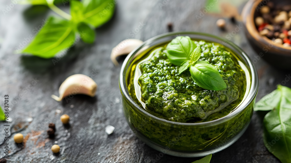 Glass bowl of homemade fresh basil pesto placed on a rustic kitchen surface with herbs and spices. Glass bowl of homemade fresh basil pesto placed on a rustic kitchen surface with herbs and spices.