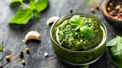 Glass bowl of homemade fresh basil pesto placed on a rustic kitchen surface with herbs and spices.