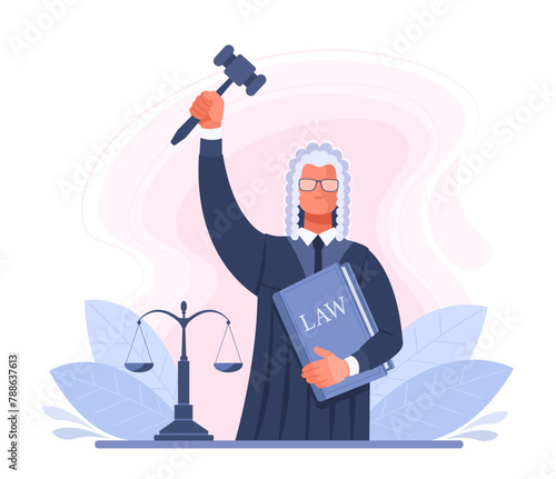 Male judge in robe and wig with gavel, scales and book of law. The concept of court, law, justice, crime and sentence. Vector illustration banner in blue color.