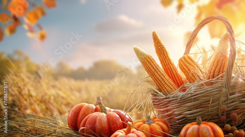 Basket Filled With Corn and Pumpkins in Field photo