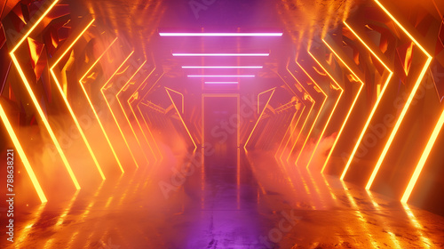 Illuminated abstract futuristic golden neon light tunnel with smoke. Copy space. Generative AI