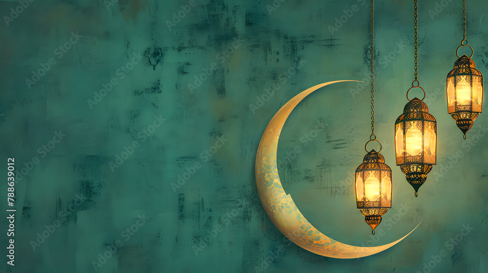 islamic banner background with crescent, lantern and gate in green and gold color. vector illustration, 3D render