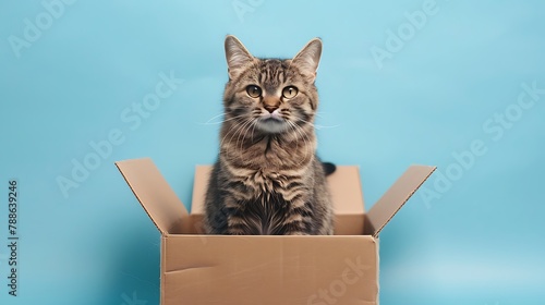adult scottish straight chinchilla cat sits in a brown cardboard box on a blue background photo