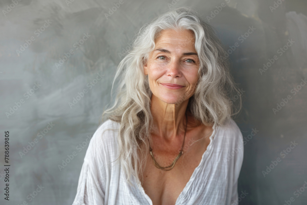 A woman with gray hair and a necklace smiles for the camera