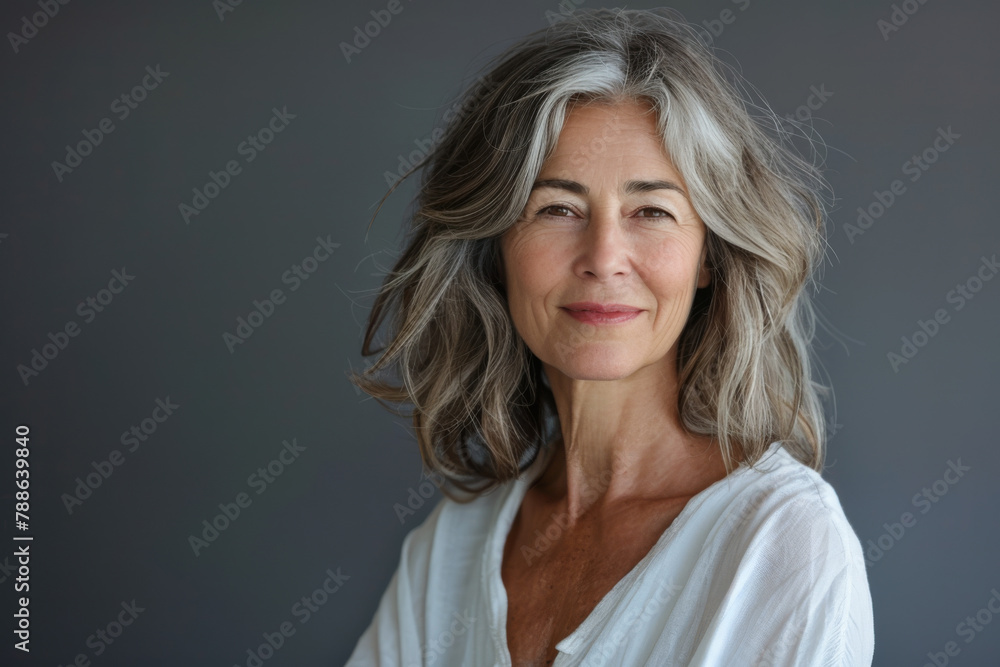 A woman with gray hair and a white shirt smiles for the camera A woman with gray hair and a white shirt smiles for the camera