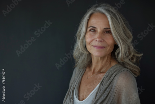A woman with gray hair is smiling for the camera