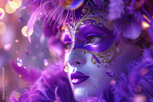 An enchanting purple masquerade mask adorned with golden details and soft feathers, set against a shimmering backdrop, embodying the magic of cultural festivals. AI Generated