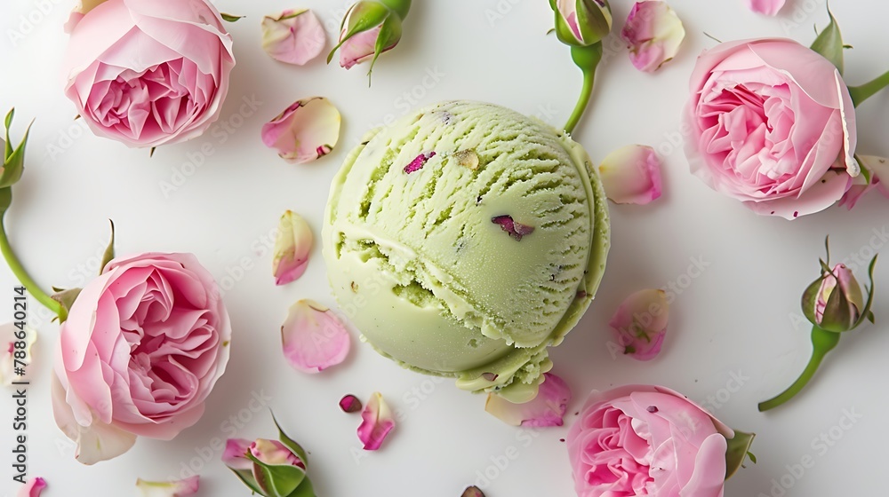 Ball of pistachio ice cream decorated with fresh pink roses on the white background top view Ball of pistachio ice cream decorated with fresh pink roses on the white background top view