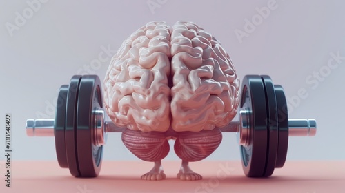 A human brain, rendered in 3D, flexes its gyri and sulci as it lifts weights, symbolizing brainpower and mental fitness photo